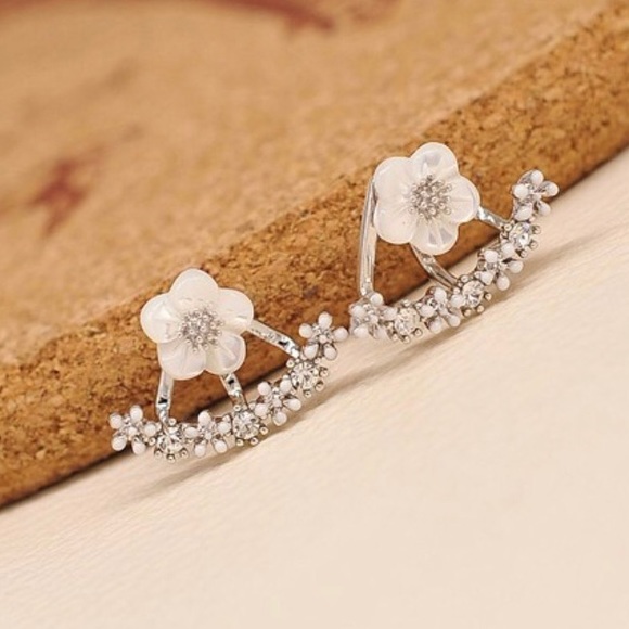 Crystal Flower Ear Jacket Studs - Picture 3 of 4